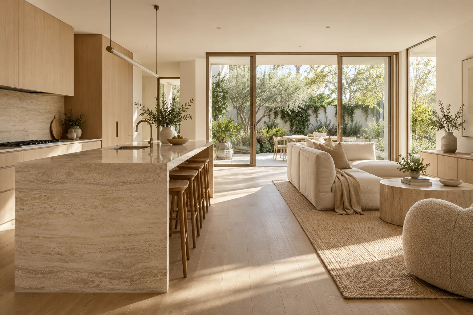 Warm open-plan living area with a stone island and garden outlook